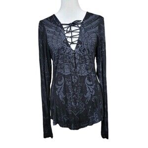 Y2K Affliction Long Sleeve Shirt Lace Up V Neck Juniors XL Grunge McBling AOP